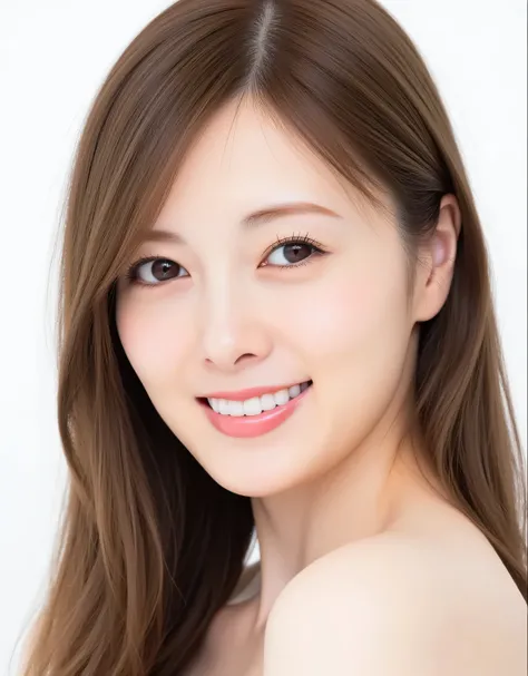 raw photo, reality, ((Staring)), ((Focus on the face)), ((close-up)), front view, Japanese Woman, Smile Yan, ((long hair, dark brown hair color, straight hair)), off shoulder, unedited, live-action, Authentic, cute young girls , Beautifully Reflective Eye...