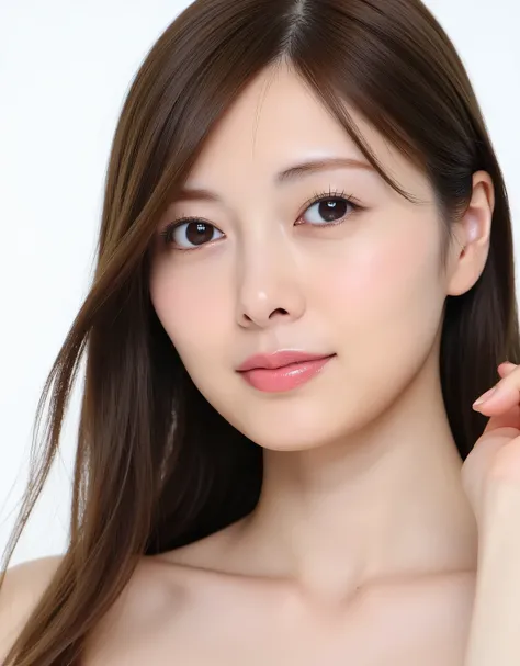 raw photo, reality, ((Staring)), ((Focus on the face)), ((close-up)), front view, Japanese Woman, Smile Yan, ((long hair, dark brown hair color, straight hair)), off shoulder, unedited, live-action, Authentic, cute young girls , Beautifully Reflective Eye...