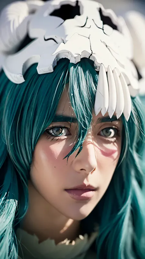nelliel bleach, detailed portrait of nelliel from bleach anime, beautiful young woman with long teal hair, wearing white and green outfit, confident and elegant expression, looking directly at camera, detailed facial features, intricate background with jap...