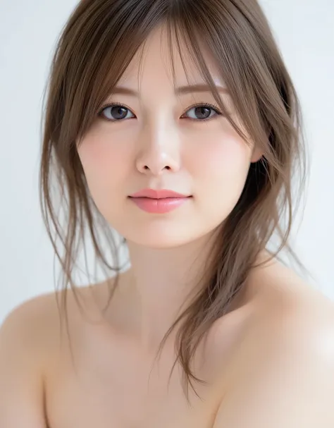 raw photo, reality, ((Staring)), ((Focus on the face)), ((close-up)), front view, Japanese Woman, Smile Yan, ((long hair, dark brown hair color, straight hair)), off shoulder, unedited, live-action, Authentic, cute young girls , Beautifully Reflective Eye...
