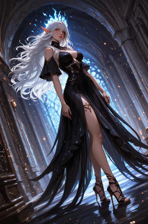 aidmaMJ6.1,femillustration, best quality, 16k, ultra detailed, masterpiece, best quality, (extremely detailed), dynamic angle, ultra wide shot, photorealistic, fantasy art, dnd art, fantasy art, realistic art, portrait a female elf, fair skin, white hair,...