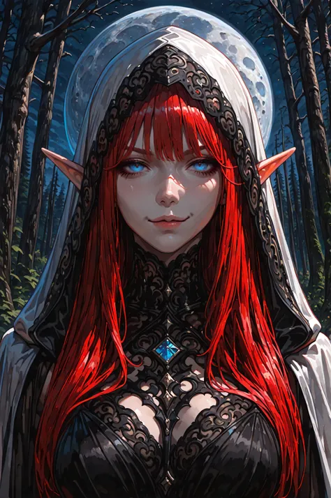 aidmaMJ6.1,femillustration,a portrait of a female elf vampire traveling on the forest road, an exquisite beautiful female elf (ultra details, Masterpiece, best quality), red hair, small pointed ears, pale skin, long hair, blue eyes, smirking, wearing dark ...