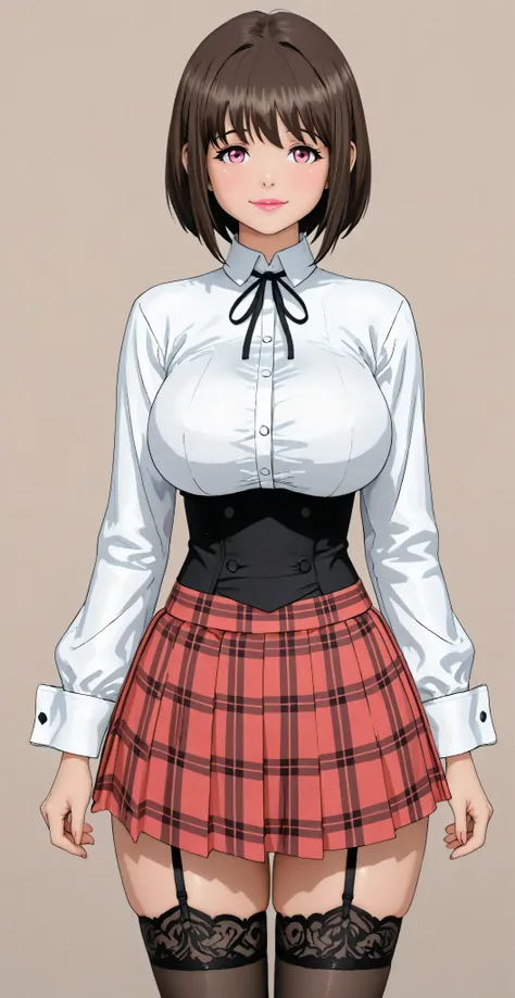 perfect anatomy. maximum resolution. Photo RAW. 8K. (simple background:1.5),The best image quality. solo girl, Chikan Shita, brown Bob hair, PINK eyes, beautiful, VERY WELL DETAILED, pink lipstick, flirty and friendly expression. 
She wears a white shirt w...