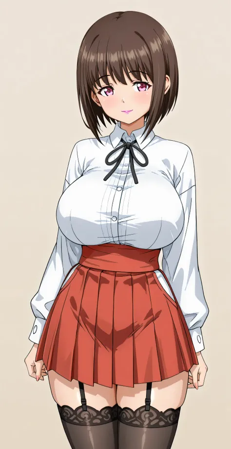 perfect anatomy. maximum resolution. Photo RAW. 8K. (simple background:1.5),The best image quality. solo girl, Chikan Shita, brown Bob hair, PINK eyes, beautiful, VERY WELL DETAILED, pink lipstick, flirty and friendly expression. 
She wears a white shirt w...