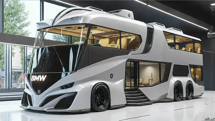 armored vehicle, A hyper-realistic render of a futuristic luxury motorhome concept with a sleek and aerodynamic design, styled like a supercar fused with a two-story tour bus. The vehicle is glossy white with smooth black accents and sharp flowing curves t...