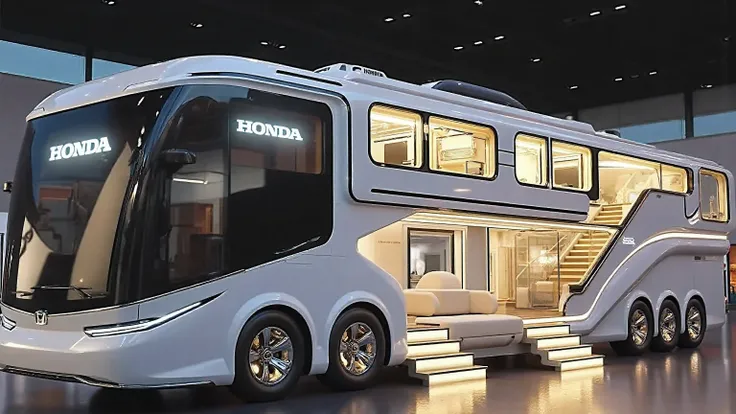 DE_style, A hyper-realistic 3D render of a futuristic luxury motorhome showcased indoors under soft showroom lighting. The vehicle has a sleek, aerodynamic, and ultra-modern design with a glossy white body and smooth black-tinted glass on the upper front. ...