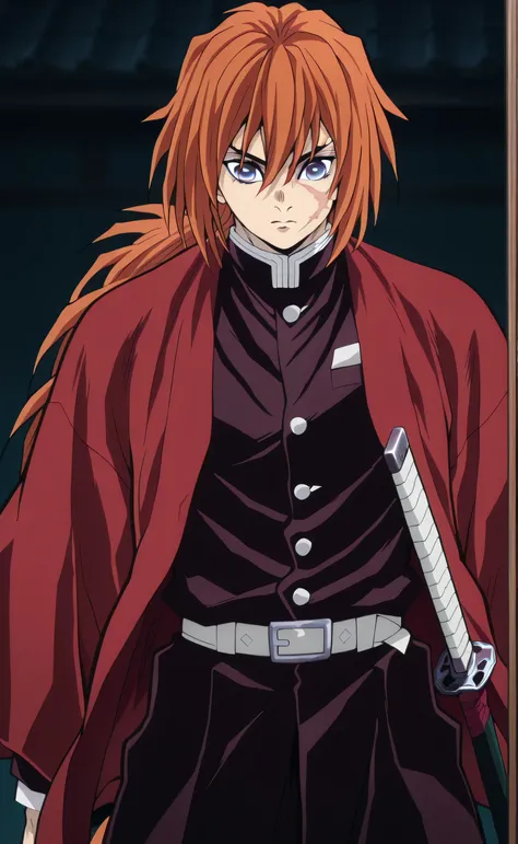 1male,solo,Himura Kenshin,long hair,orange hair,pony-tail hair,purple eyes,1scar,black gakuran,red Haori,muscle,Katana,Kimetsu no Yaiba (Demon Slayer) Anime Style