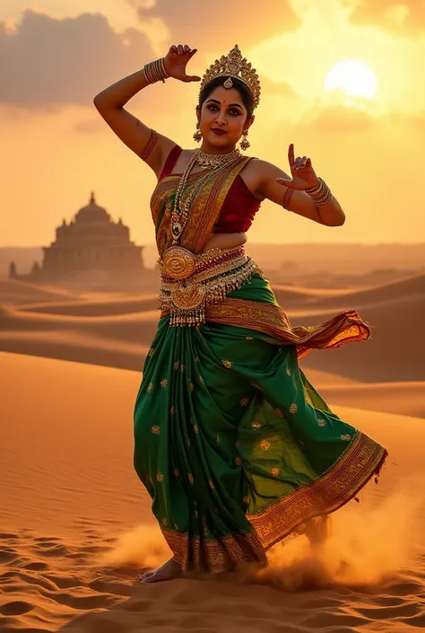 Regal dancer with voluptuous hourglass figure, mature beauty with expressive eyes lined with kohl, natural waist folds visible above low-rise saree, perspiration adding realistic sheen to brown skin, natural armpit texture visible with raised arm position,...