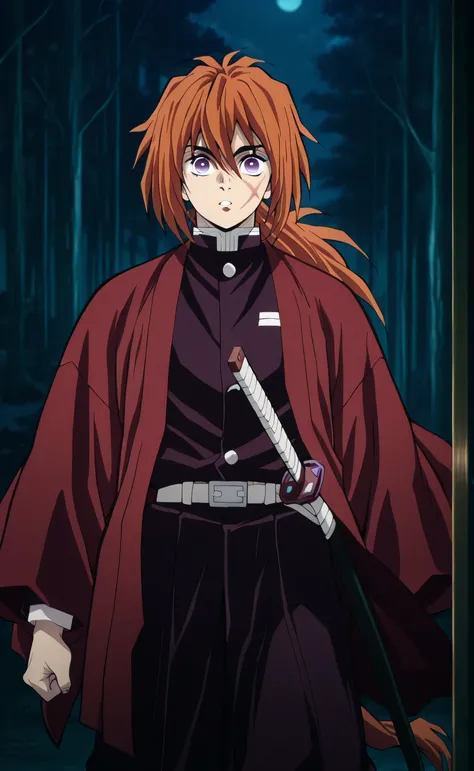 1male,solo,Himura Kenshin,long hair,orange hair,pony-tail hair,purple eyes,cross scar on face,black gakuran,red Haori,muscle,1Katana ,night,forest, Kimetsu no Yaiba (Demon Slayer) Anime Style