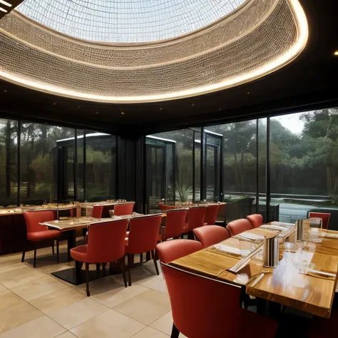Lucary restaurant with dome structure and metal fabricatio with glass walls partition, very luxary and futuristic ambient and warm whiye light