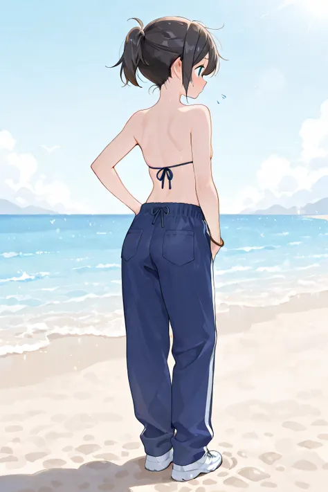 ten year old boy 、topless、After Sun Bikini Top、Mens Swimsuit Pants、sandy beach、is embarrassing 、moment you notice、cute face、Short Hair Ponytail、full body view、nsfw