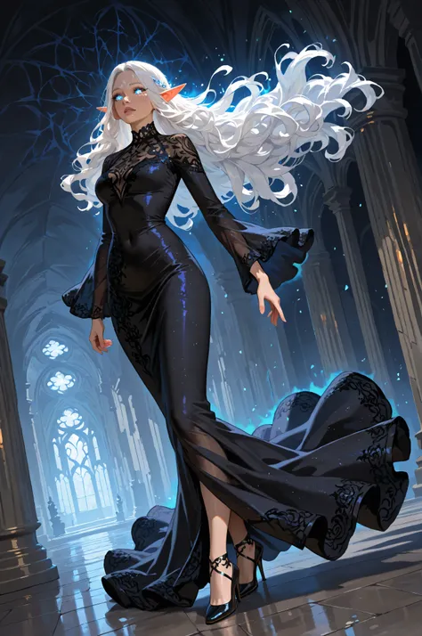 femillustration, portrait a female elf, fair skin, white hair, long hair, wavy hair, flowing hair, sparkling fiery eyes, there are jewelry in her hair, wearing dark silk dress, intricate dress, high heels, best quality, 16k, ultra detailed, masterpiece, ...