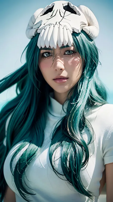 nelliel bleach, detailed portrait of nelliel from bleach anime, beautiful young woman with long teal hair, wearing white and green outfit, confident and elegant expression, looking directly at camera, detailed facial features, intricate background with jap...