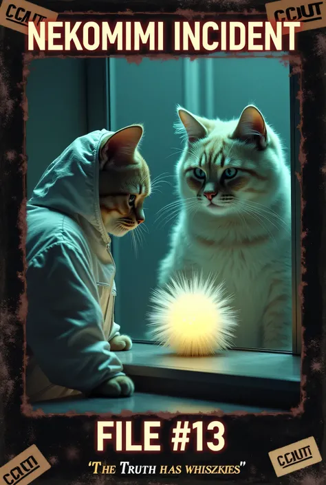 "Parody of a horror poster of the type "found-footage", titled 'NEKOMIMI INCIDENT': drop #13'. and a dramatic hook like 'The Truth Has Moustaches' {x} A Cat Scientist Serious looking in a protective suit with big cat ears inspects a shiny alien hairball in...