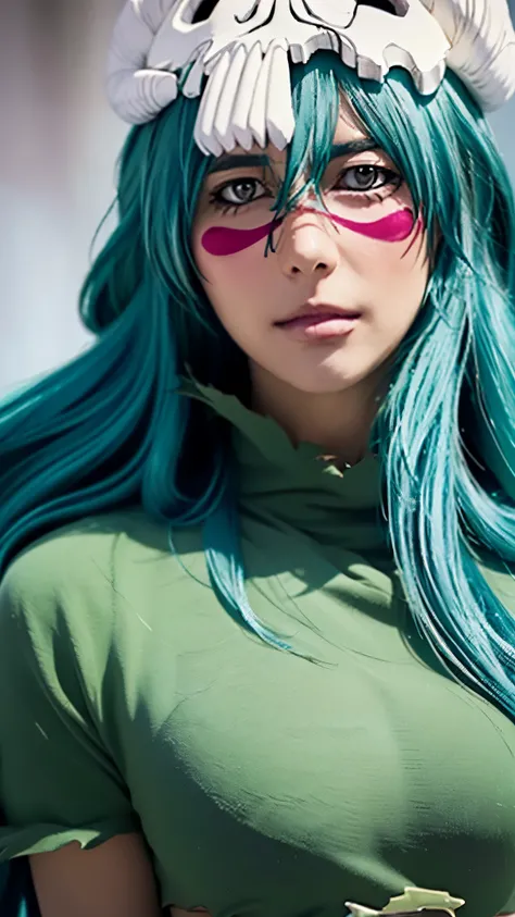 Half body potrait nelliel bleach, detailed portrait of nelliel from bleach anime, beautiful young woman with long teal hair, wearing white and green outfit, confident and elegant expression, looking directly at camera, detailed facial features, intricate b...