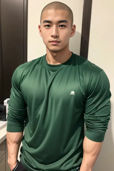 18-year-old male、Japanese、handsome guys、Macho、athletes、plain green clothes、Shaved head