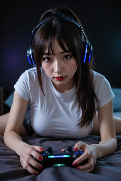 Lying face down on her bed, playing a game.
The game controller and headphone earmuffs are glowing.
Black wall.
Super beautiful Japanese woman, looks like a intimidating dominatrix, closed mouth, condescending gaze, staring at the viewer, long upturned eye...