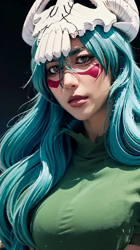 Half body potrait nelliel bleach, detailed portrait of nelliel from bleach anime, beautiful young woman with long teal hair, wearing white and green outfit, confident and elegant expression, looking directly at camera, detailed facial features, intricate b...