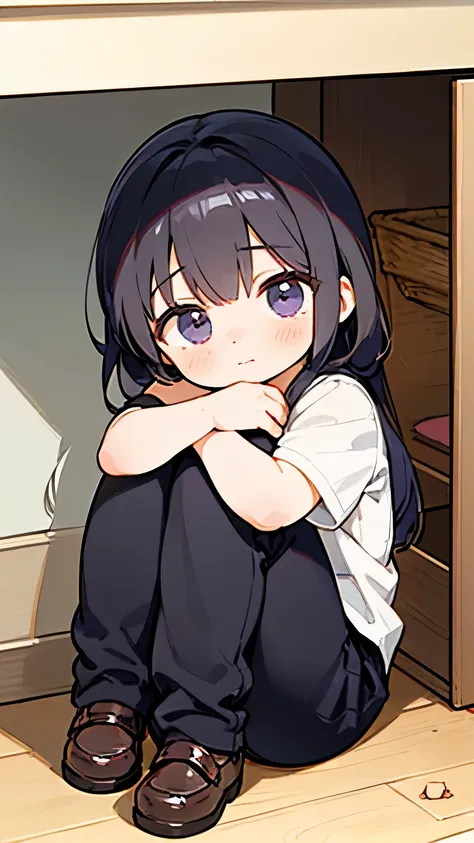 Sweet little boy, shy look, sitting in the closet , hugs himself