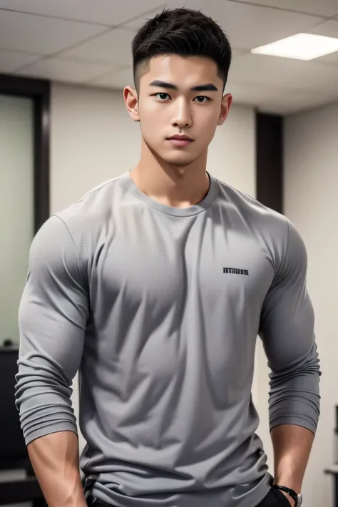 18-year-old male、Japanese、handsome guys、Macho、athletes、plain gray clothes、Shaved head
