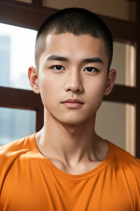 18-year-old male、Japanese、handsome guys、Macho、athletes、plain orange clothes、Shaved head