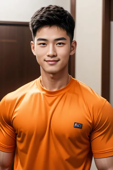 18-year-old male、Japanese、handsome guys、Macho、athletes、plain orange clothes、Shaved head、Smile Yan