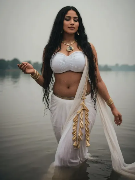 FULL BODY , in MEHANDI HENNA  ON BOTH HANDS AND LEGS, pattern saree,Indian hosewife In Veil , showing her deep showing cleavage inside blouse and big Nose Ring, many bangles in both hands,Earings, Necklace ,dark shade Lipstick ,Navel , bathing in the river...