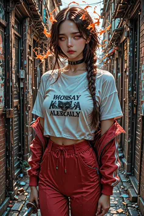 1 woman, 40 years old, fiery eyes, long hair, long braid hairstyle, brown-haired, white t-shirt, straps, collar, prokzay in the alley, Red Pants, tracksuit, Katana hand,