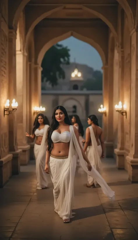 Night scene, wide angle photo of sexy Indian woman, round face, perfect eyes, thick eyebrows, beautiful nose, big cheeks, dimples on her cheeks, red lips, large firm breasts, deep cleavage, hourglass figure, flat belly, deep navel, curvy waist and hips, th...