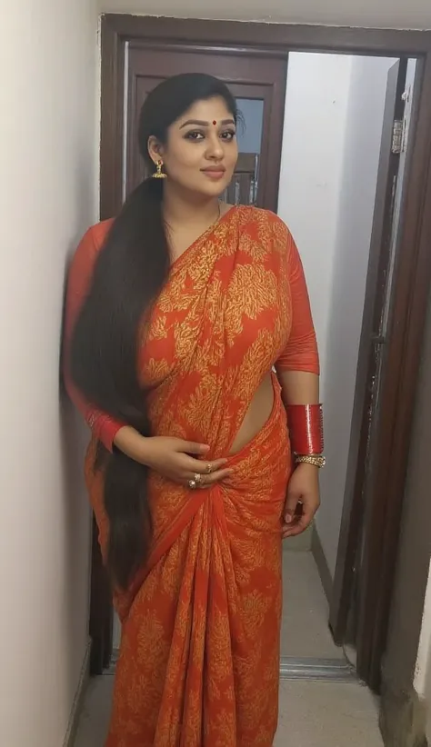 Tall old mature light brown oily skin indian woman with fat thick curvy mom body physique, woman with black long pulled back down tied hair, woman looking at camera, front mid-range view, brown woman looking at camera, woman wearing georgette saree(big bre...