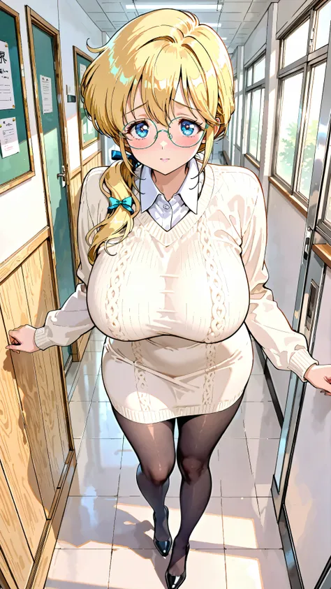 (masterpiece,Highest Quality:1.4),,,Sensei Luna,Blonde,( OFFICIAL ART) ,runa,makeup,school hallway,Visiting Day,waist-length collared mini tight dress,Waist-length Collared, knit ,ゆるふわ knit ,single ponytail,blue eyes, Detailed Eyes,round metal-framed ...