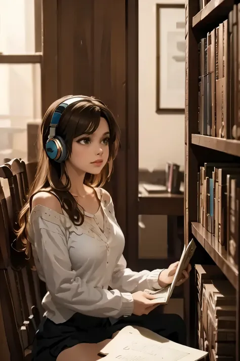 Library Corner Among rows of books, she’s curled up in a corner with headphones in, blocking out whispers and page turns. Render a realistic setting.