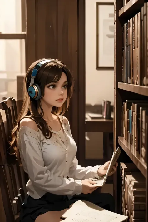 Library Corner Among rows of books, she’s curled up in a corner with headphones in, blocking out whispers and page turns. Render a realistic setting.