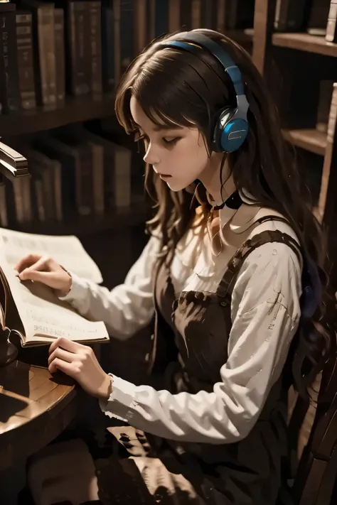 Library Corner Among rows of books, she’s curled up in a corner with headphones in, blocking out whispers and page turns. Render a realistic setting.