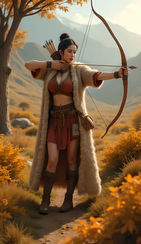 Ancient prehistoric age era, 
(Stone civilization age era:1.6), 

((Realistic cinematography ultra-wide depth intense stunning lots of realistically ultra-detailed savana angle of scenery)),primitive bow and arrows,the detailed of an Eurasian female archer...