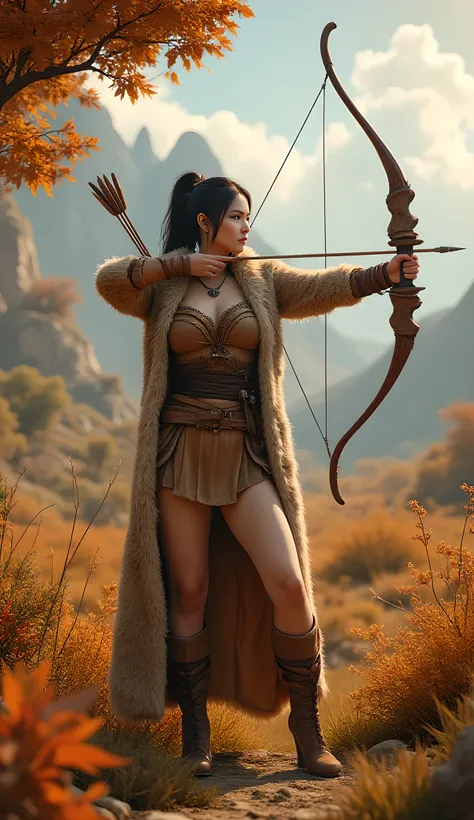 Ancient prehistoric age era, 
(Stone civilization age era:1.6), 

((Realistic cinematography ultra-wide depth intense stunning lots of realistically ultra-detailed savana angle of scenery)),primitive bow and arrows,the detailed of an Eurasian female archer...