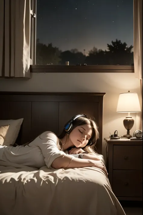 Bedroom at Night She lies on her bed, lights off, headphones on, staring at the ceiling. The music shields her from the weight of the day. Create a realistic scene.