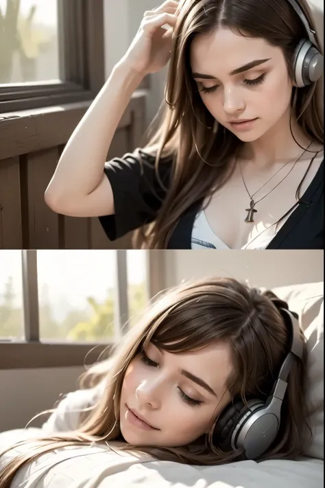 Bedroom at Night She lies on her bed, lights off, headphones on, staring at the ceiling. The music shields her from the weight of the day. Create a realistic scene.