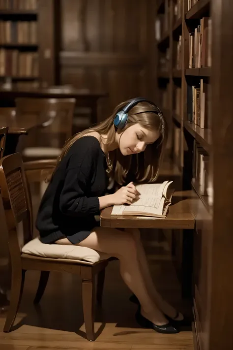 Library Corner Among rows of books, she’s curled up in a corner with headphones in, blocking out whispers and page turns. Render a realistic setting.