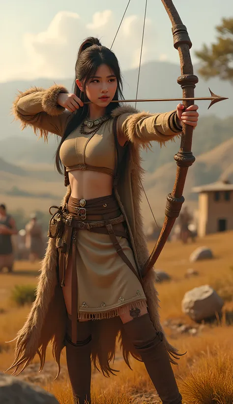Ancient prehistoric age era, 
(Stone civilization age era:1.6), 

((Realistic cinematography ultra wide depth intense stunning lots of realistically ultra-detailed savana angle of scenery)),primitive bow and arrows,the detailed of an Eurasian female archer...