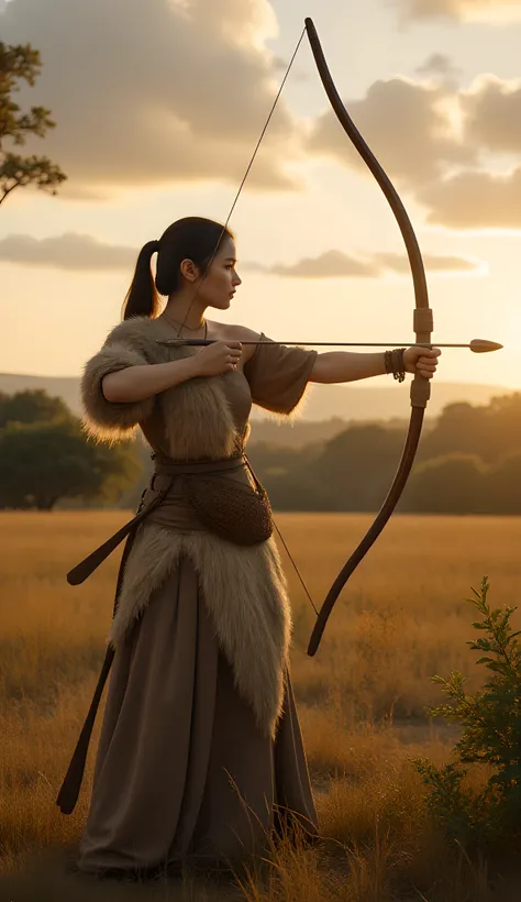 Ancient prehistoric age era,
(Stone civilization age era:1.6),
((Realistic cinematography ultra-wide depth intense stunning lots of realistically ultra-detailed savana angle of scenery)),primitive bow and arrows,the detailed of an Eurasian female archer...