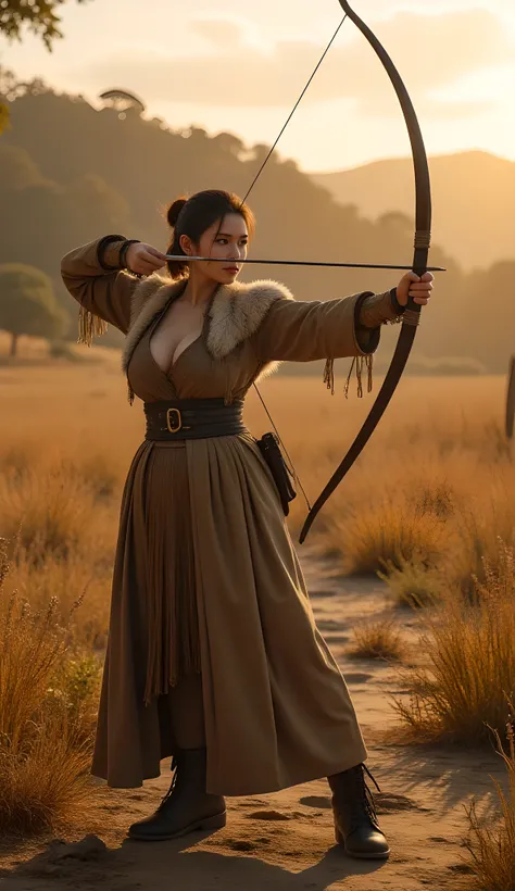 Ancient prehistoric age era,
(Stone civilization age era:1.6),
((Realistic cinematography ultra-wide depth intense stunning lots of realistically ultra-detailed savana angle of scenery)),primitive bow and arrows,the detailed of an Eurasian female archer...