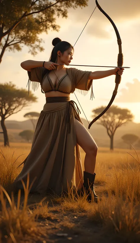 Ancient prehistoric age era,
(Stone civilization age era:1.6),
((Realistic cinematography ultra-wide depth intense stunning lots of realistically ultra-detailed savana angle of scenery)),primitive bow and arrows,the detailed of an Eurasian female archer...