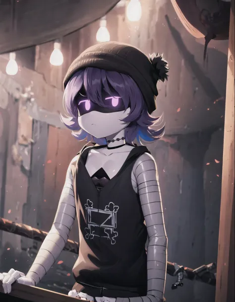 high resolution,masterpiece,uzi,black tank top,solo,black choker,necklace,beanie hat,closed mouth,<lora:uzi:1>,facing viewer,cowboy shot,forest,dynamic lighting,embellishments,shiny skin,