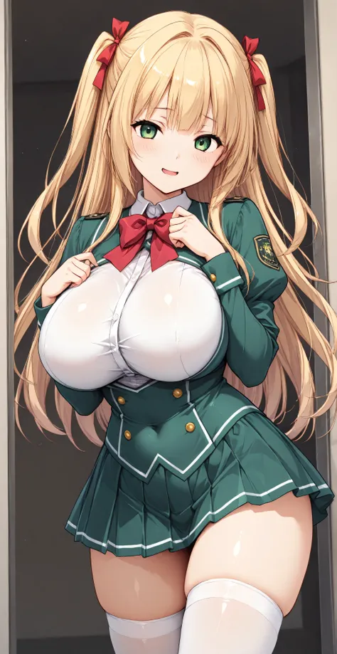 The horny and sexually attractive schoolgirl, in a tight green uniform with big breasts and flirty expression, sleeper, in white stockings hentai