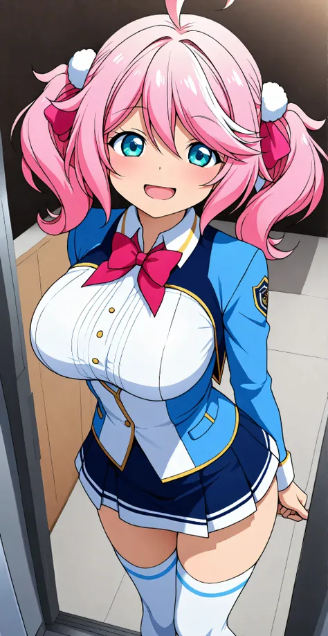 The horny and sexually attractive schoolgirl, (((Philuffy Aingram))) wearing a tight blue uniform with big breasts and flirty expression, sleeper, in white stockings hentai. ((vista frontal. view below.))) standing.