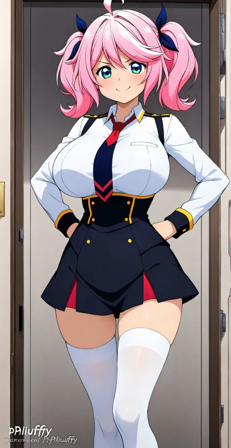 The horny and sexually attractive schoolgirl, (((Philuffy Aingram))) wearing a tight black uniform with big breasts and flirty expression, sleeper, in white stockings hentai. ((vista frontal. view below.))) standing.
