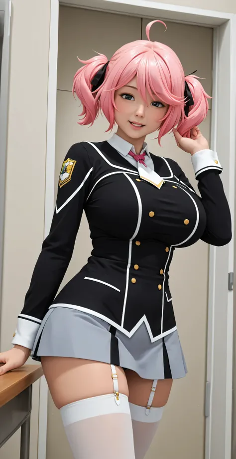 The horny and sexually attractive schoolgirl, (((Philuffy Aingram))) wearing a tight black uniform with big breasts and flirty expression, sleeper, in white stockings hentai. ((vista frontal. view below.))) standing. 