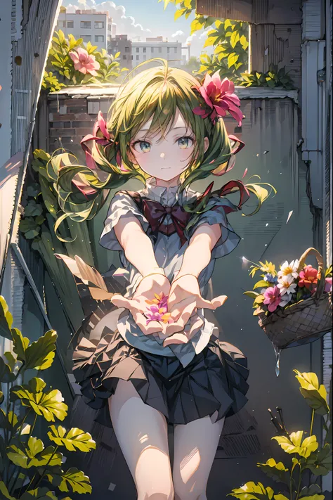 The Ruined Gardener,android girl,I'm planting flowers,((Flower basket in the hand)),ruins covered with ivy,4K,Ultra Detailed ,advanced physical depiction,professional,vivid colors,Bokeh,Large scale ruins,android surrounded by greenery,expressive female and...