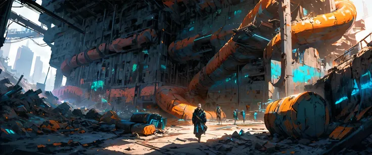 Create a Cyberpunk middle-aged man with a pale face and long dark hair who walks quickly in the foreground with his head up. A chain with a pendant hangs on his chest. He has shoes on his feet. Scene: Sci-fi futuristic scene, long old damaged subway tunel ...